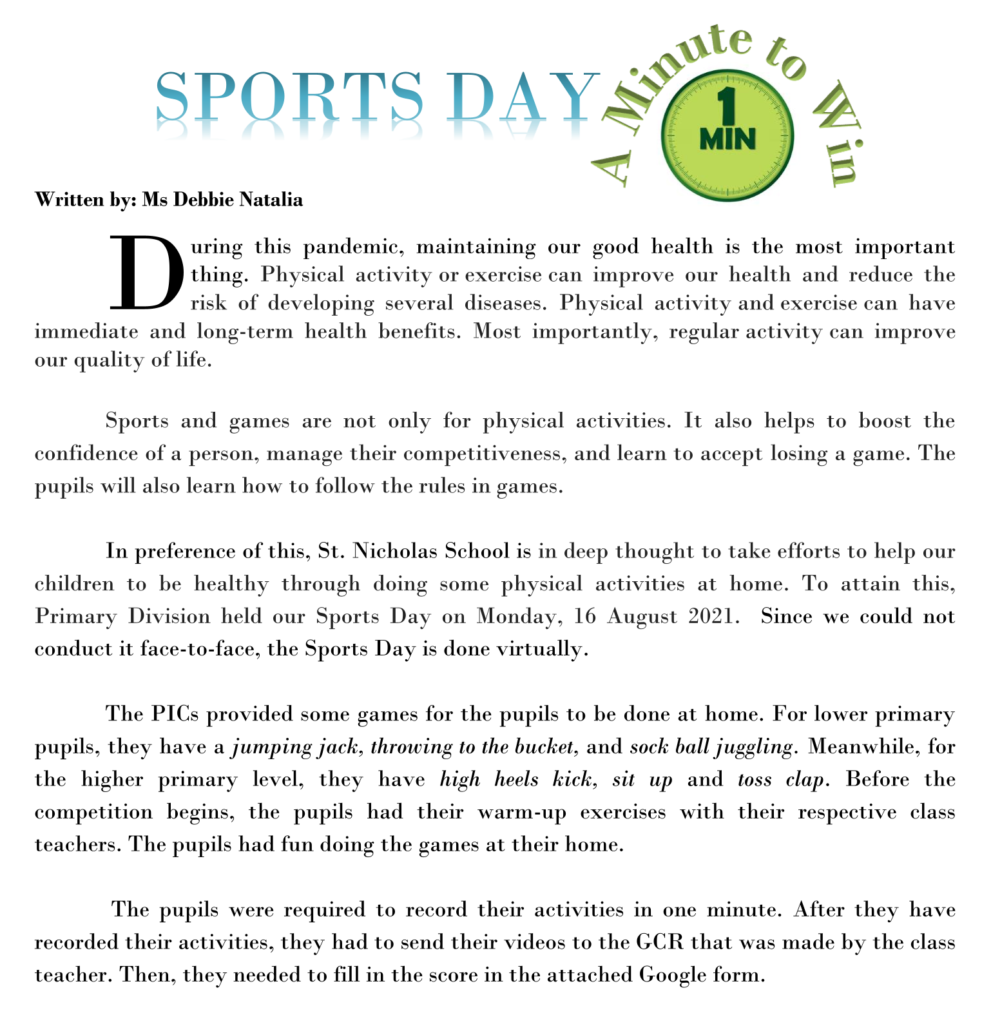 SPORTS DAY newsletter1 Saint Nicholas School